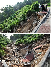 85雨災當天儲水澳水庫洩洪,造成下方出水口處嚴重崩塌,而且地基是持續崩落,縣府提醒遊客及業者勿帶團進入,以策安全。(圖/文:曹重偉)