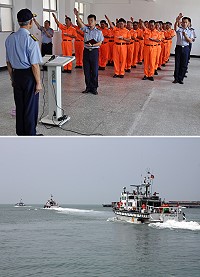 　大陸禁漁期解禁，海洋巡防總局馬祖海巡隊昨天下午舉辦誓師大掃蕩，由總局副總局長潘進家來馬主持，並自基隆調派500噸級「連江艦」支援掃蕩勤務，聲勢壯大。（圖／文：曹重偉）