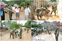 (上圖左)受災居民向任指揮官表達對國軍積極處理及高效率的肯定,也為國軍犧牲奉獻的精神深表感謝。(上圖右)馬防部官兵於津沙村清除遭大雨過後留下的淤泥。(下圖左)馬防部官兵於四維村一帶進行道路土石清除作業。(下圖右)任指揮官於珠螺村土石流災區視導官兵泥砂清理工作(圖:陳柏嘉/文:呂冠緯)