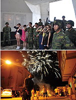 (上圖)六樂弦少女樂團與莒指部弟兄表演砲操後合影留念。(下圖)開幕晚會後並施放焰火慶祝一年一度熱鬧的海洋文化季暨古蹟節到來。(圖/文:張詠傑)