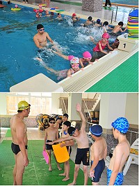 消防局「暑期游泳訓練班」歡樂登場,小學員在救生員叔叔、伯伯指導下,從最基礎動作開始學起,小朋友們也展現不怕水的天性,玩得相當開心。(圖/文:曹重偉)