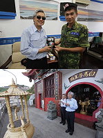 (上圖)賀指揮官贈送東引地區指揮部紀念隊徽給遠道而來的立法院邱委員。(下圖)立法院邱委員與國安會鍾委員到東引地區最香火鼎盛的白馬尊王廟上香,祈求國泰民安。(圖/文:邱偉倫)
