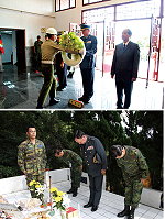 (上圖)馬防部舉辦101年秋祭大典,由任指揮官擔任主祭,以表彰忠烈、撫慰英靈。(下圖)指揮官拜祭因公殉職、盡忠職守之工兵連下士陳厚宇。(圖/文:宋韋廷)