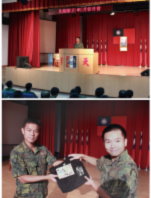 (上圖)章將軍於中正堂發表談話。(下圖)北指部營部連下士彭威凱接受章將軍表揚。(圖/文:謝育庭)