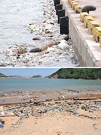 　颱風加上大潮水，北竿各澳口漂來許多垃圾和大型漂流木。（圖／文：陳鵬雄） 