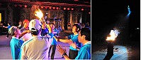 連江縣101年運動會聖火正式點燃,最特別的是媽祖巨神像七彩燈光秀及由巨神像射出強力燈柱將火炬點燃,讓現場觀眾大呼驚奇!之後由縣長楊綏生與四鄉鄉長及代表共同點燃火炬,轉交給聖火隊開始傳遞路程。(圖/文:曹重偉)
