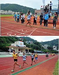 縣運會長程徑賽「1萬公尺」決賽昨天拂曉開跑!參賽選手們一起接受體能大考驗;軍中組林炳佑這次萬米對局明顯有優勢,以近百米差距高舉第一名手勢率先衝進終點,成績比陳順南快了10秒49。(圖/文:曹重偉)