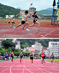101年縣運會徑賽圓滿落幕,選手們冒雨逆風衝刺,展現運動家精神;國小女子組100公尺與60公尺短跑賽事,仁愛陳彥蓁與介壽陳萱兩人互別苗頭,結果都由陳彥蓁以微小差距獲勝。(圖/文:曹重偉)