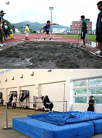 縣運第二天田徑賽事一度中斷,跳高改至介壽羽球館進行,社男跳高由莒光劉政龍奪冠;至於跳遠比賽部份,社會組及軍中組的成績都沒有突破國中男子組陳育良的5米52。(圖/文:劉秋月)