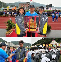 101年縣運會風光落幕,參賽隊伍整齊出席、戰旗羅列相當壯觀,縣長楊綏生特頒發破紀錄獎金,共有6項10位選手獲得;而象徵最高榮譽的「總統獎」由介壽國中小獲得。(圖/文:曹重偉)