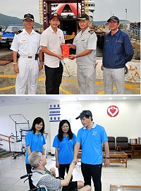 中秋佳節近,議長陳貴忠特別在臺馬輪靠抵福澳港時到場關心,並致贈加菜金慰勉船員們秋節無休為旅客服務的辛勞,由船長劉喜鴻代表接受;陳貴忠24日下午也在夫人陪同下前往大同之家拜訪及問候老人們。(圖/文:曹重偉)