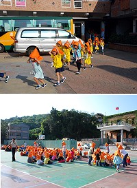 教育局昨舉辦101年度校園防災教育研習,介壽國中小則在各校觀摩下進行校園地震災害防救演練,藉模擬演練強化師生災害防救、自救救人與應變能力。(圖/文:劉秋月)