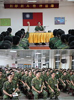 　（上圖）指揮官提醒到部弟兄，充實自我軍旅生涯，並且不讓家人擔心才是最重要的課題。（下圖）新進弟兄正襟危坐聽取指揮官精神講話，金玉良言讓弟兄紓解了不少的緊張感。（圖：陳柏嘉／文：趙崇光）