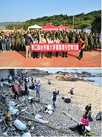 　縣府環保局昨天於珠螺海灘舉辦秋季擴大淨灘活動，軍民鄉親共同透過雙手撿拾垃圾，親身體驗環境維護者的辛勞；環保署長沈世宏以身作則，跟大家一樣戴上手套彎腰撿拾垃圾。（圖／文：曹重偉）