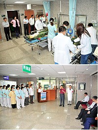 　縣立醫院舉辦今年大量傷患處置演習，緊急處理分類並安排重大傷患後送，過程緊湊逼真；縣長楊綏生肯定以有限人力、物力把握救援時間，降低傷亡及損失，也鼓勵院方多做嘗試，讓演練更加逼真。（圖／文：曹重偉） 