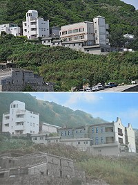 　外觀突兀的中山國中辦公大樓（上圖），重建案完成發包，以及完工後模擬景觀改善（下圖）。（圖／文：陳鵬雄） 