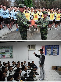 (右圖)馬防部指揮官任中將親自視導莒指部營部連,頒發團體加菜金,慰勉與賽官兵訓練辛勞,也期許爭取佳績。(左圖)莒指部指揮官黃將軍表示,於實施體能訓練前,須充分暖身,減少運動傷害肇生。(圖/文:歐振陽)