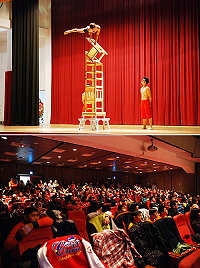 地區少見的特技團表演,昨天意外吸引介壽堂爆滿的觀眾,撼動特技團帶來椅子頂的演出,一張張椅子向上堆疊,也讓現場報以熱烈掌聲。(圖/文:劉秋月)