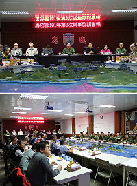 (上圖)防衛部特邀各政府機構長官及相關單位與會,建立更良好軍民關係與合作模式。(下圖)會中,各處組首先針對民事工作執行成效,以及地方反映事項處理進度實施報告,指揮官並對各反映事項給予指導。(圖/文:宋韋廷)
