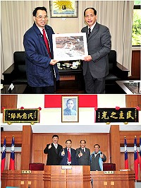 　中華電信董事長呂學錦一行昨天特別在立委陳雪生陪同下前往縣議會拜訪，受到議長陳貴忠及議員們的熱情歡迎，並特別致贈「神話之鳥」黑嘴端鳳頭燕鷗照片做紀念。（圖／文：曹重偉）