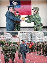 (上圖)任指揮官與地支部汪指揮官於編成典禮中舉行授印儀式。(下圖)任指揮官率領防區內高勤官向地支部各單位實施閱兵。(圖/文:趙崇光)