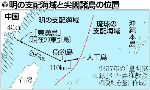 石井發現的是相當於日本江戶時代初期、西元1617年8月皇明實錄裡的記述。距離沿岸約40公里的「東湧島」(現在的馬祖列島東端、東引島)」等島嶼,說明外側的海洋是「華夷共有之處」,也就是中國與他國可以自由進出的海域。釣魚台列嶼等距離中國大陸約330公里。(圖:日本讀賣新聞)