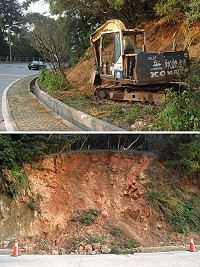 85雨災造成地區多處坍方,南竿山線沿路滿目瘡痍,縣府已爭取到行政院災害預備金陸續投入復建。(圖/文:邱竟瑋)