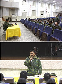(上圖)屆退官兵一兵徐煒翔提供建言予指揮部,為日後官兵爭取權益,使部隊生活更加美好。(下圖)參謀主任陳上校於介壽堂主持屆退官兵座談會,聽取官兵意見。(圖/文:楊日嘉)
