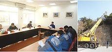 由縣府等相關單位所辦理的85雨災各項復建工程已經啟動,南竿中正國中小已進駐機具復建邊坡;位於儲水澳淨水場和馬祖圖書館之間邊坡進行掛網植生的相關作業,廠商租用吊車,以協助工人上探進行打樁。(圖/文:邱竟瑋)