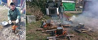 利用沙拉油廢桶和木材可以輕鬆吃到香噴噴的烤雞。(圖:王禮義提供)
