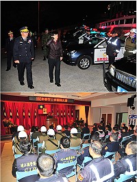 102年度春安工作展開,縣長楊綏生昨天深夜主持春安工作誓師大會及啟動前校閱警力,盛大場面展現警方維護治安決心。(圖/文:曹重偉)