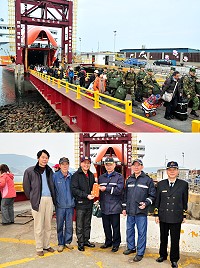 年關接近加上難得開航,「臺馬輪」昨天載運許多年節貨物及返鄉遊客抵馬,議長陳貴忠專程到場關心,並致贈加菜金慰勉船員們春節無休為旅客服務的辛勞,由船長劉喜鴻代表接受。(圖/文:曹重偉)