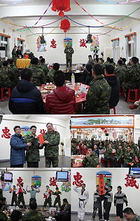 (上圖)指揮官任中將於餐會致詞時表示,感謝所有防區官士兵們一年來的辛勞,並祝賀大家新年快樂,萬事如意。(下圖)除夕餐會各單位所帶來的精采表演及摸彩活動,現場氣氛熱烈,展現出濃濃的新年團圓氣氛。(圖/文:宋韋廷)