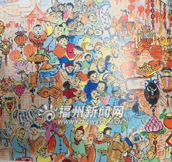 福州畫家陳友榮筆下一幅名為《元宵夜觀燈》的民俗風情畫,描繪舊時福州過元宵節的熱鬧場面。(福州晚報記者王楊林攝)