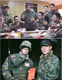 (上圖)餐會中,章指揮官同樓主任一同舉杯與春節期間辛勤堅守崗位的弟兄同歡並表達嘉勉。(下圖)指揮官親自到各連隊巡查執勤狀況、嘉勉衛哨人員辛勞。(圖/文:劉書凱)