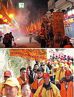 (上圖)遶境隊伍盛大,遊客和居民燒香祈福。(下圖)北指部弟兄與橋仔居民一同遶境。(圖/文:劉書凱)