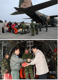 馬祖軍民一家,介壽村民陳光輝骨折受傷,軍機C130因搭載藝工隊來馬,回程協助民眾後送赴台就醫,副縣長陳敬忠特別代表縣長表達感謝之意。(圖/文:劉秋月)