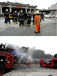 　消防局南竿分隊與義消大隊在民眾公墓進行實兵消防搶救演練，模擬清明期間可能發生的墓地火災及山林失火等各種災害，實兵出動場面逼真。（圖／文：曹重偉） 