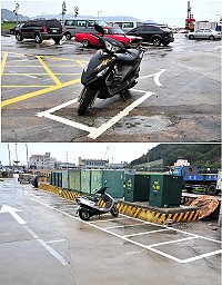 這不是停車格!福澳村親水公園旁近日剛完成汽機車停車場規劃及標線,但有車主誤把「口」字當做停車格,引人發噱,而真正停車格反而乏人問津。(圖/文:曹重偉)