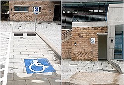 馬祖各建築物與市區道路均逐漸納入無障礙設施,圖為南竿遊客中心之無障礙通道與車位。(圖/文:邱竟瑋)