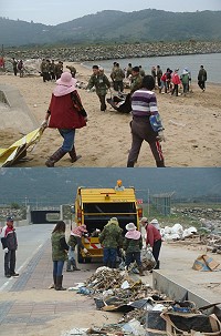 　環保局與北竿鄉各界在塘后道執行今年第一次擴大淨灘活動。（圖：北竿鄉公所提供）