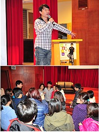 「模仿達人」郭子乾今天受邀來馬擔任縣府文化局名人講座今年度的開幕嘉賓,吸引爆滿的粉絲前往聆聽他的成長故事與演藝經歷。(圖/文:曹重偉)