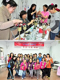 為提高志工社區奉獻熱忱,學習身心壓力紓解技巧,衛生局特舉辦職場心理衛生暨衛生保健志工自我成長研習,邀請花藝達人曹曉芬老師指導燭台花藝DIY,志工們都樂在其中。(圖/文:曹重偉)