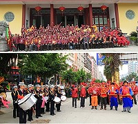 珠螺境玄天上帝廟昨日信眾二百多人,赴大陸長樂金鋒上張玄帝宮進香,沿途鑼鼓喧天,場面盛大。(圖:珠螺境玄天上帝廟管會提供)