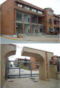 東引國中小涵藝樓進行拆建,包括校門在內的校園都被列為不能靠近或通行的管制範圍。(圖/文:陳其敏)
