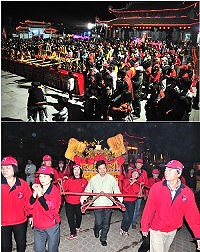 馬祖境天后宮「慶祝媽祖聖誕系列活動」遶境祈福熱力引爆,集結來自南、北竿、莒光等11間廟宇的神轎及金身一起風光出巡,表演節目精彩演出,眾神金身也齊列廣場前,人神同樂。(圖/文:曹重偉)
