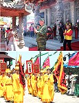 (上圖)「媽祖聖誕祭祀大典」任指揮官特別親自捻香祭拜,期許媽祖能庇佑馬祖鄉民平安健康,保佑在馬服役的官兵弟兄團結齊心守護國土。(下圖)防區官兵換上祭祀服裝,依循震撼莊重的鼓聲,隨著祭祀隊伍慢慢步向馬港天后宮。(圖/文:宋韋廷)