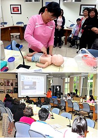 為提升地區保母緊急救護能力,確保嬰幼兒生命安全,「社區保母在職訓練系列講座」特別舉辦CPR+AED訓練,吸引30位保母學員參加。(圖/文:曹重偉)