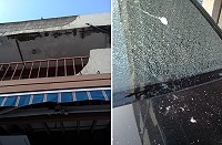 停在塘岐中正路國宅下方的轎車被上方屋簷掉落的水泥塊砸中,玻璃碎裂。(圖/文:陳鵬雄)