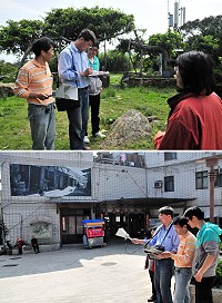 因應仁愛村民眾對位於官帽山頂基地台電磁波疑慮,縣府交通局、中華電信馬祖營運處、SGS台灣檢驗科技公司會同仁愛村代表,專程前往官帽山基地台旁與入口廣場探測電磁波強度,結果報告約1星期公佈。(圖/文:曹重偉)